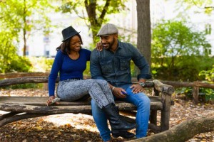 Couple chatting on bench